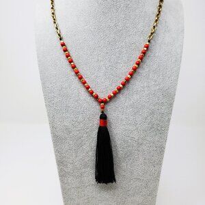 Red Bead and Black Tassel Necklace